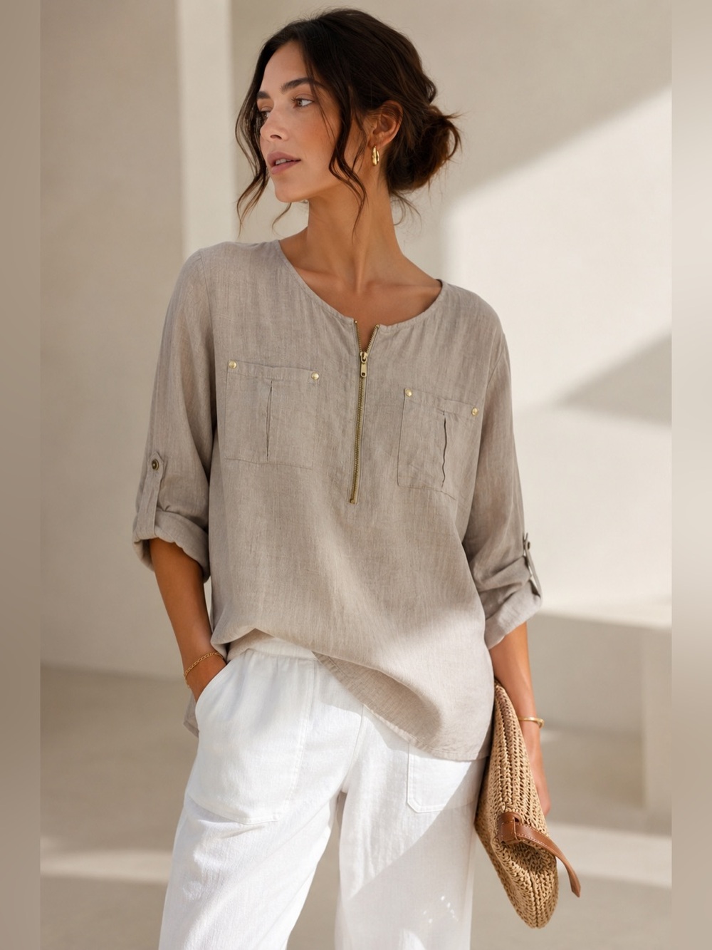Jones New York 100% Linen Zip Front Blouse | Roll Tab Sleeves | Neutral Beige |